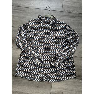 zara womens white blue brown satin zig zag print long sleeve top blouse M